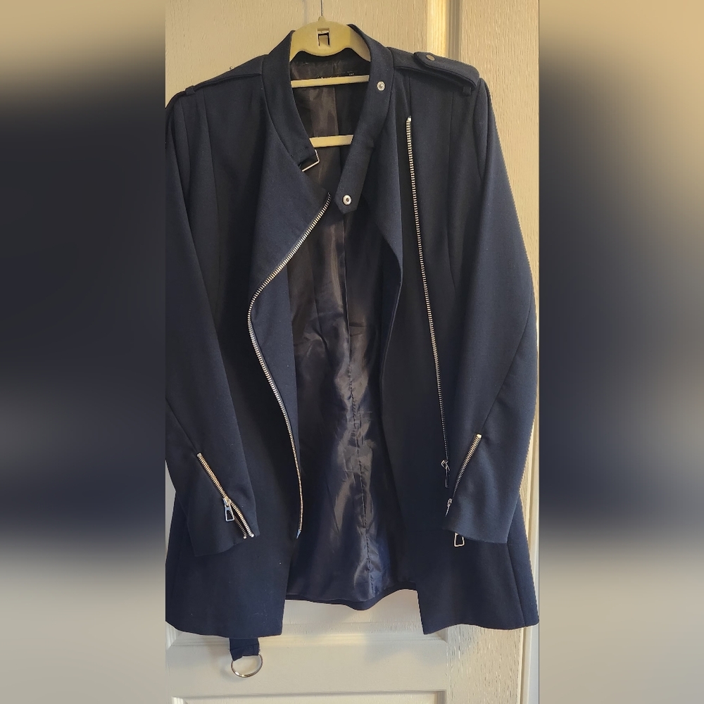 stradivarius Navy Trench Coat with Asymmetric Zip